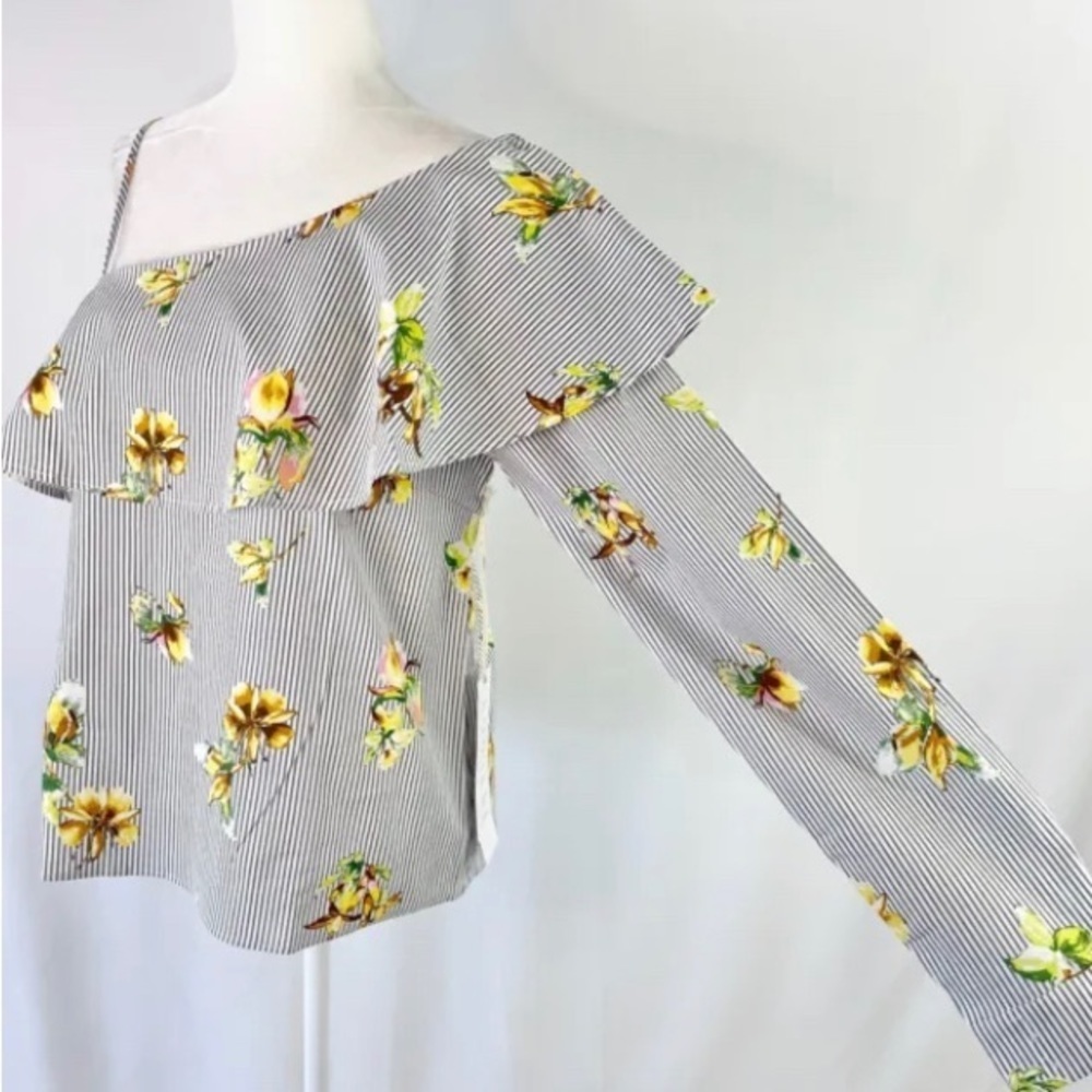 Lumière Floral Striped One Shoulder Long Sleeve Shirt Grey Multi Size S - Picture 6 of 10